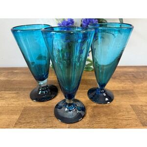 Biot France Hand Blown Blue Tumblers Set of 3 – 16 oz French Bubble Glass Footed